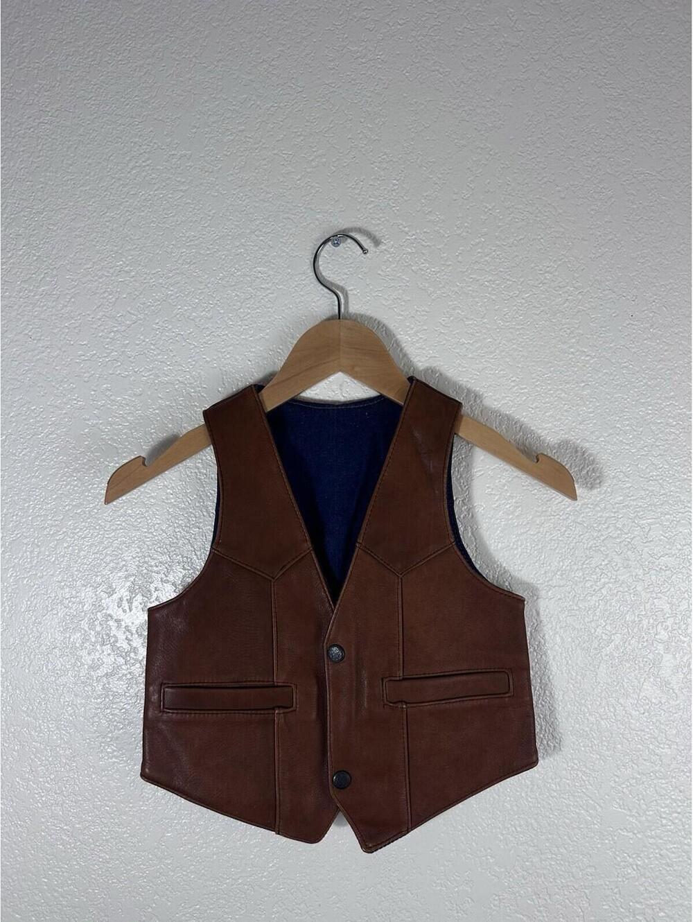 Vintage Genuine Leather Western Vest Brown Snap Front Denim
